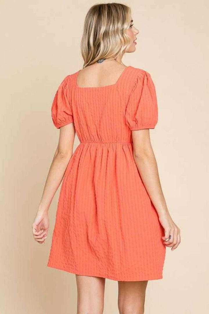 Tangerine Textured Puff Sleeve Mini Dress - The Rogue Daisy