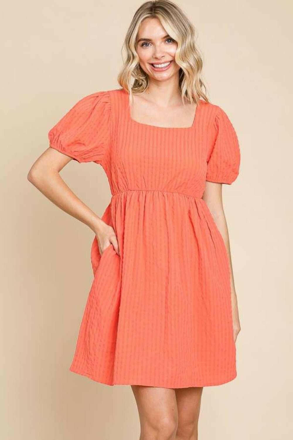 Tangerine Textured Puff Sleeve Mini Dress - The Rogue Daisy