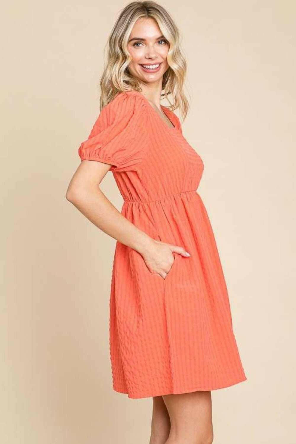 Tangerine Textured Puff Sleeve Mini Dress - The Rogue Daisy