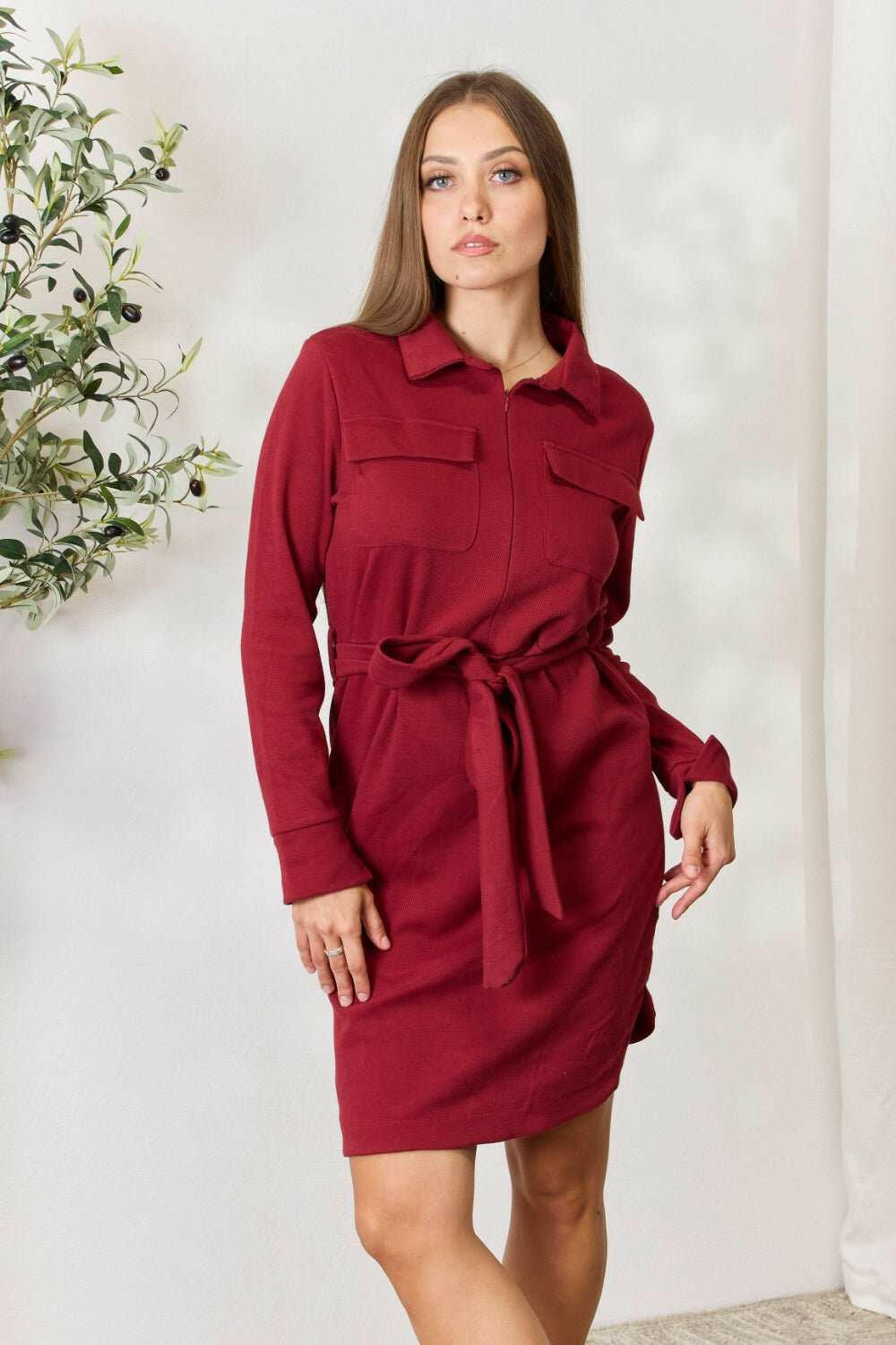 Culture Code Tie Front Half Zip Shirt Dress - Full Size - The Rogue Daisy