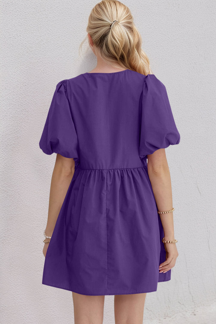 Oh Bow Ruched Puff Sleeve Mini Dress