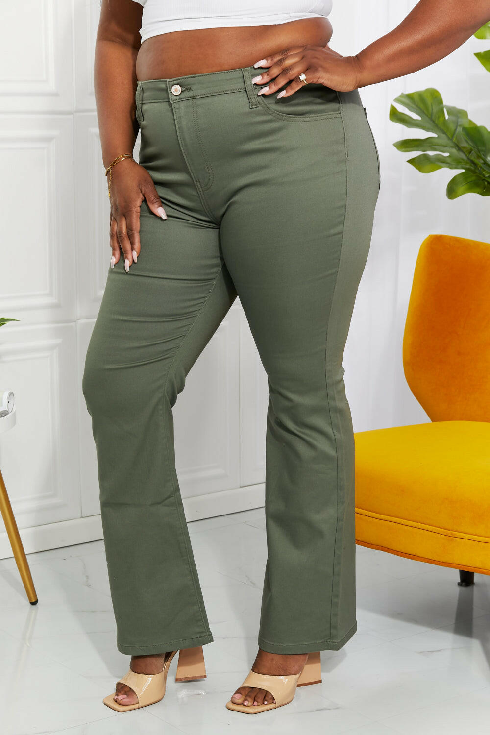 Zenana 'Clementine' High-Rise Bootcut Jeans in Olive - Full Size.