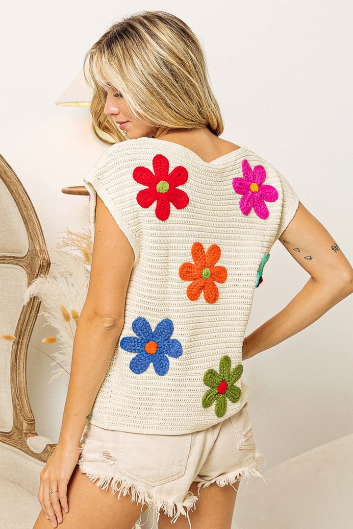 Flower Patch Cap Sleeve Knit Top