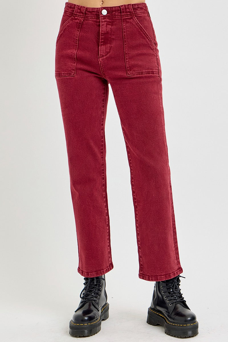 Cropped High Rise Jeans in Wine