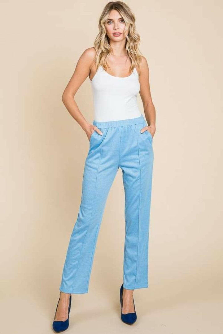 Pintuck Slim Pants in Baby Blue.