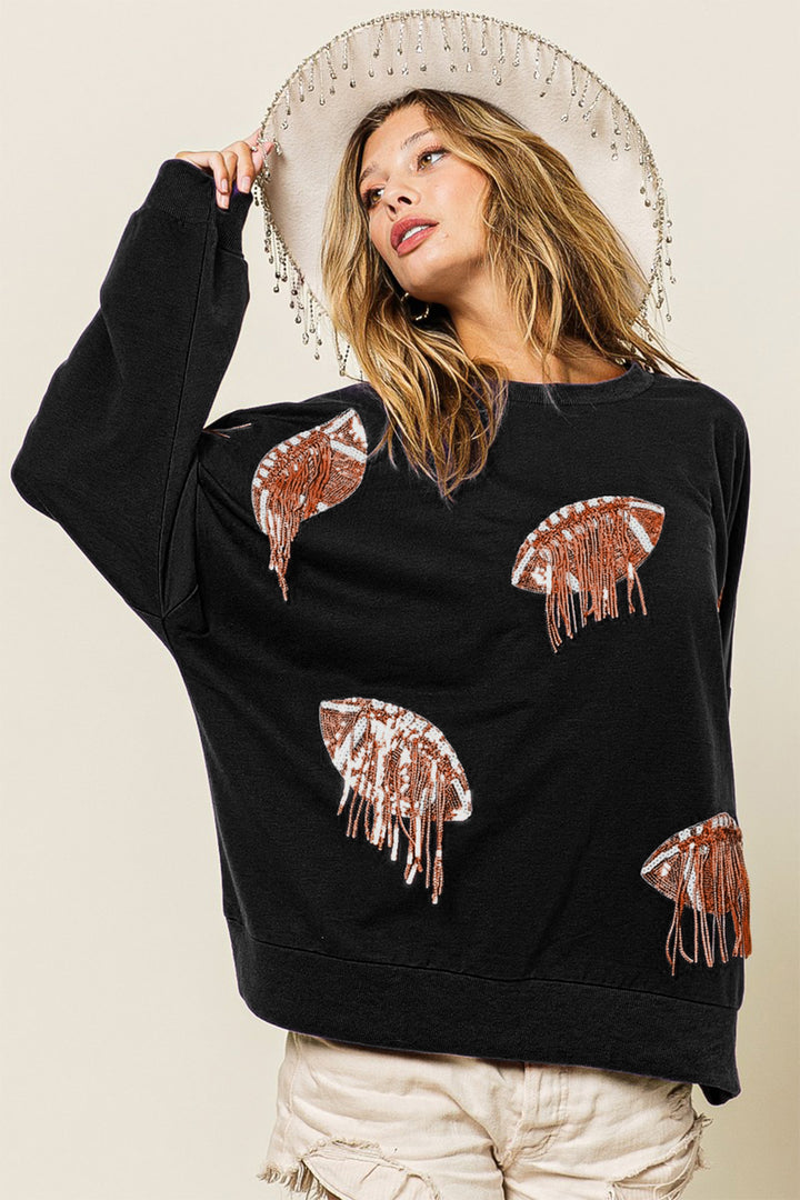 Sequin Fringe Football Patch Sweatshirt