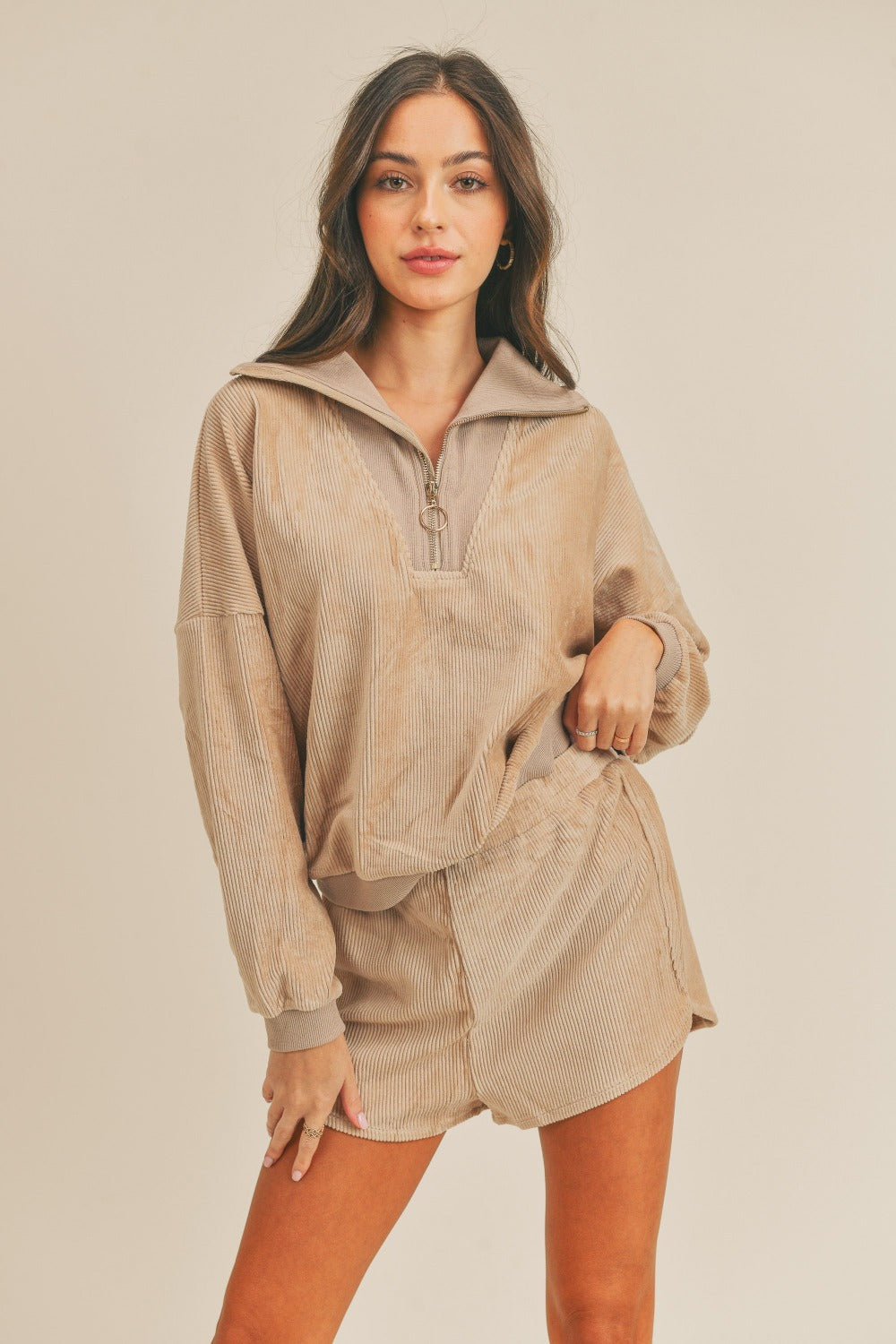 Corduroy Half-Zip Top and Shorts Set