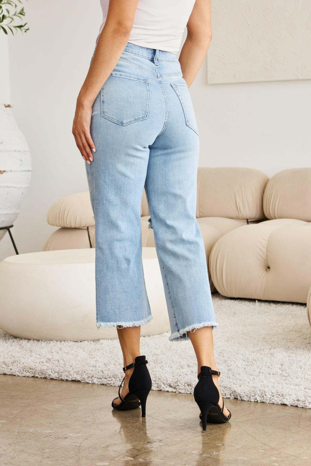 RFM Tummy Control High Waist Raw Hem Distressed Jeans - Full Size.