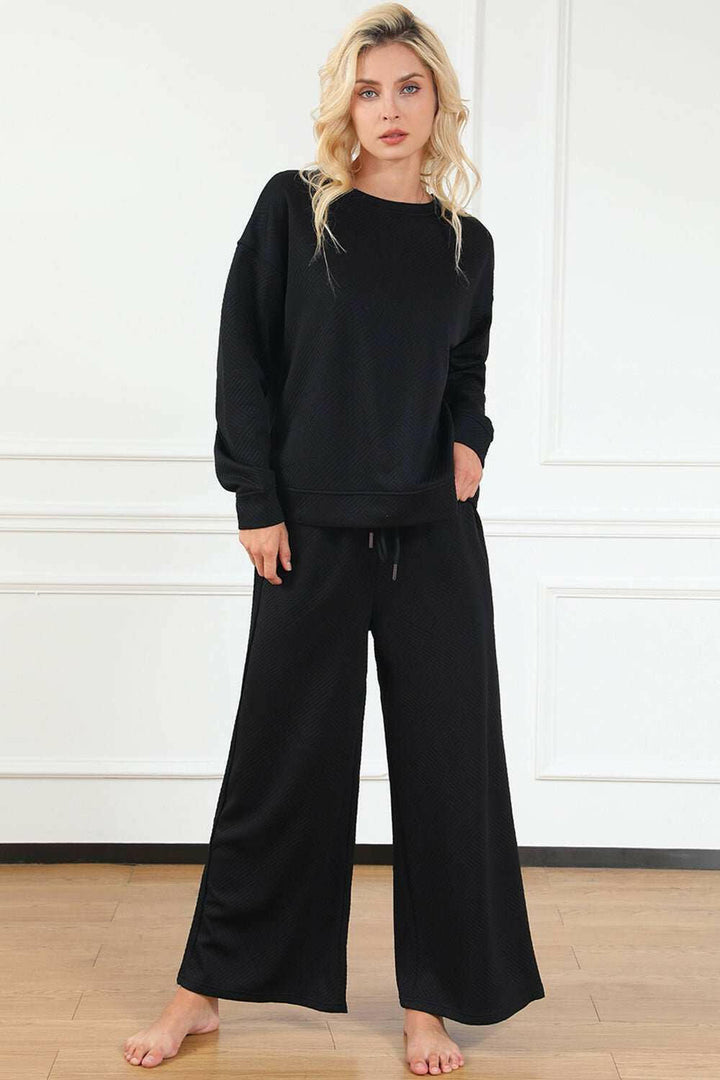 Double Take Textured Long Sleeve Top and Drawstring Pants Lounge Set - Full Size - The Rogue Daisy