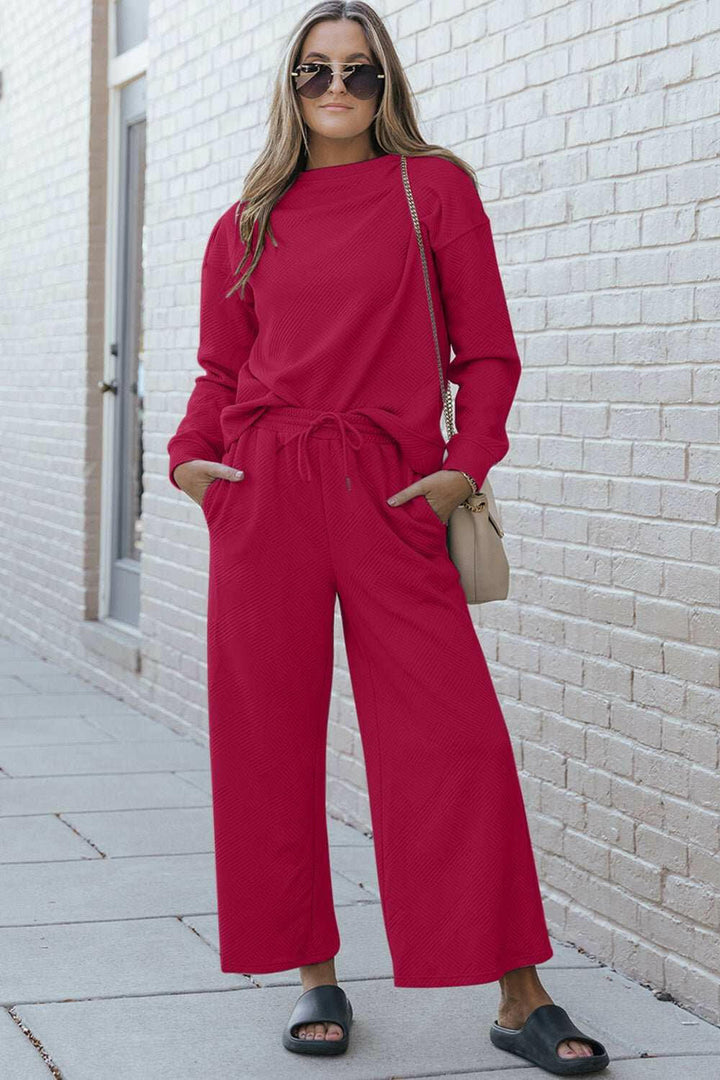 Double Take Textured Long Sleeve Top and Drawstring Pants Lounge Set - Full Size - The Rogue Daisy