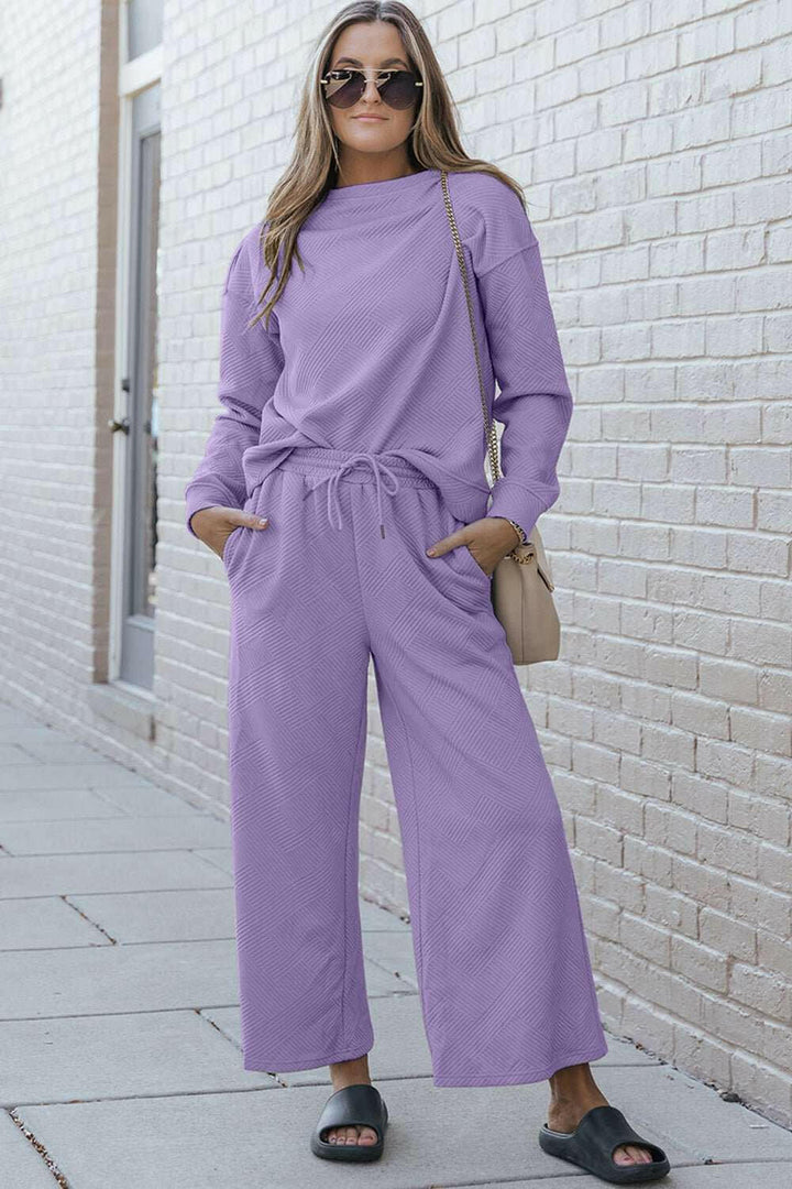 Double Take Textured Long Sleeve Top and Drawstring Pants Lounge Set - Full Size - The Rogue Daisy