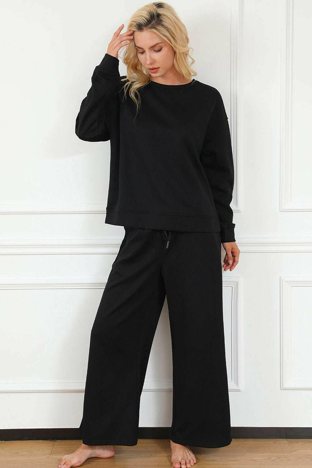 Double Take Textured Long Sleeve Top and Drawstring Pants Lounge Set - Full Size - The Rogue Daisy