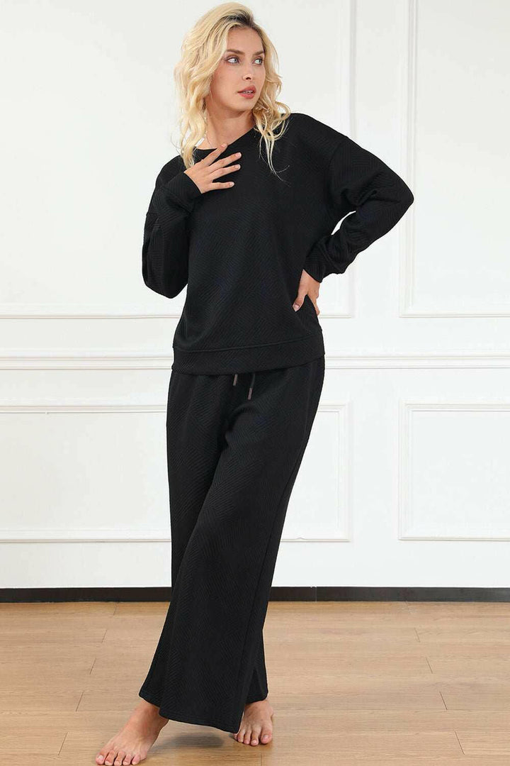 Double Take Textured Long Sleeve Top and Drawstring Pants Lounge Set - Full Size - The Rogue Daisy