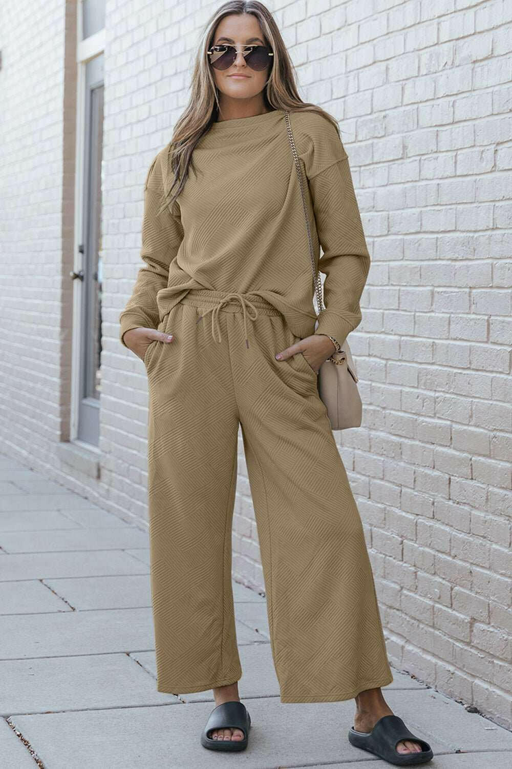 Double Take Textured Long Sleeve Top and Drawstring Pants Lounge Set - Full Size - The Rogue Daisy