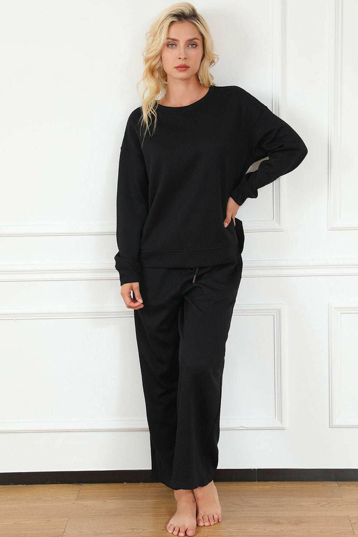 Double Take Textured Long Sleeve Top and Drawstring Pants Lounge Set - Full Size - The Rogue Daisy