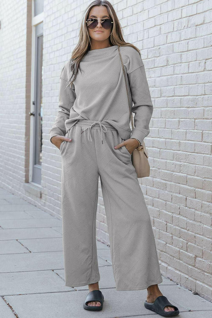 Double Take Textured Long Sleeve Top and Drawstring Pants Lounge Set - Full Size - The Rogue Daisy