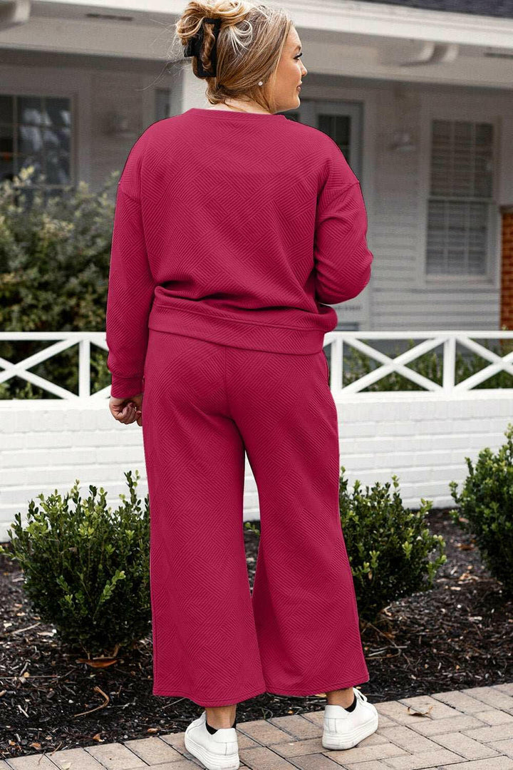 Double Take Textured Long Sleeve Top and Drawstring Pants Lounge Set - Full Size - The Rogue Daisy