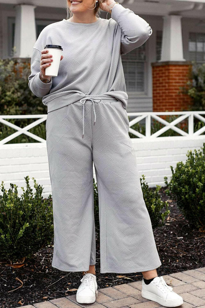 Double Take Textured Long Sleeve Top and Drawstring Pants Lounge Set - Full Size - The Rogue Daisy