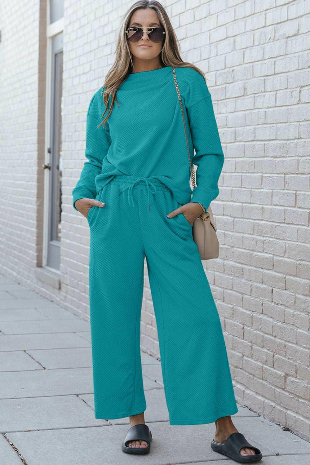 Double Take Textured Long Sleeve Top and Drawstring Pants Lounge Set - Full Size - The Rogue Daisy