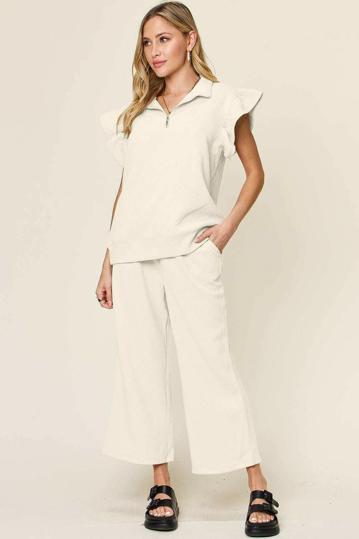 Double Take Textured Ruffle Sleeve Top and Pants Set - Full Size - The Rogue Daisy