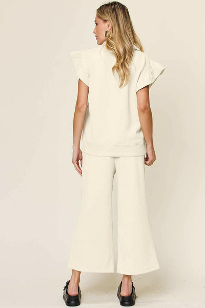 Double Take Textured Ruffle Sleeve Top and Pants Set - Full Size - The Rogue Daisy