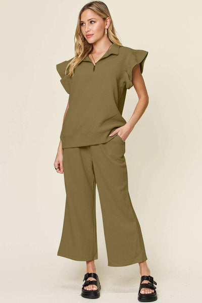 Double Take Textured Ruffle Sleeve Top and Pants Set - Full Size - The Rogue Daisy