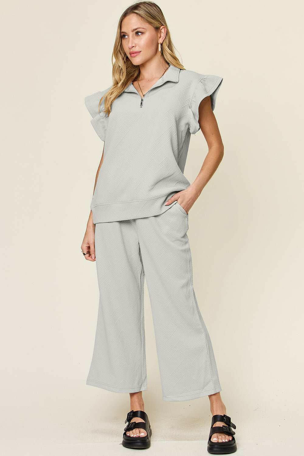 Double Take Textured Ruffle Sleeve Top and Pants Set - Full Size - The Rogue Daisy