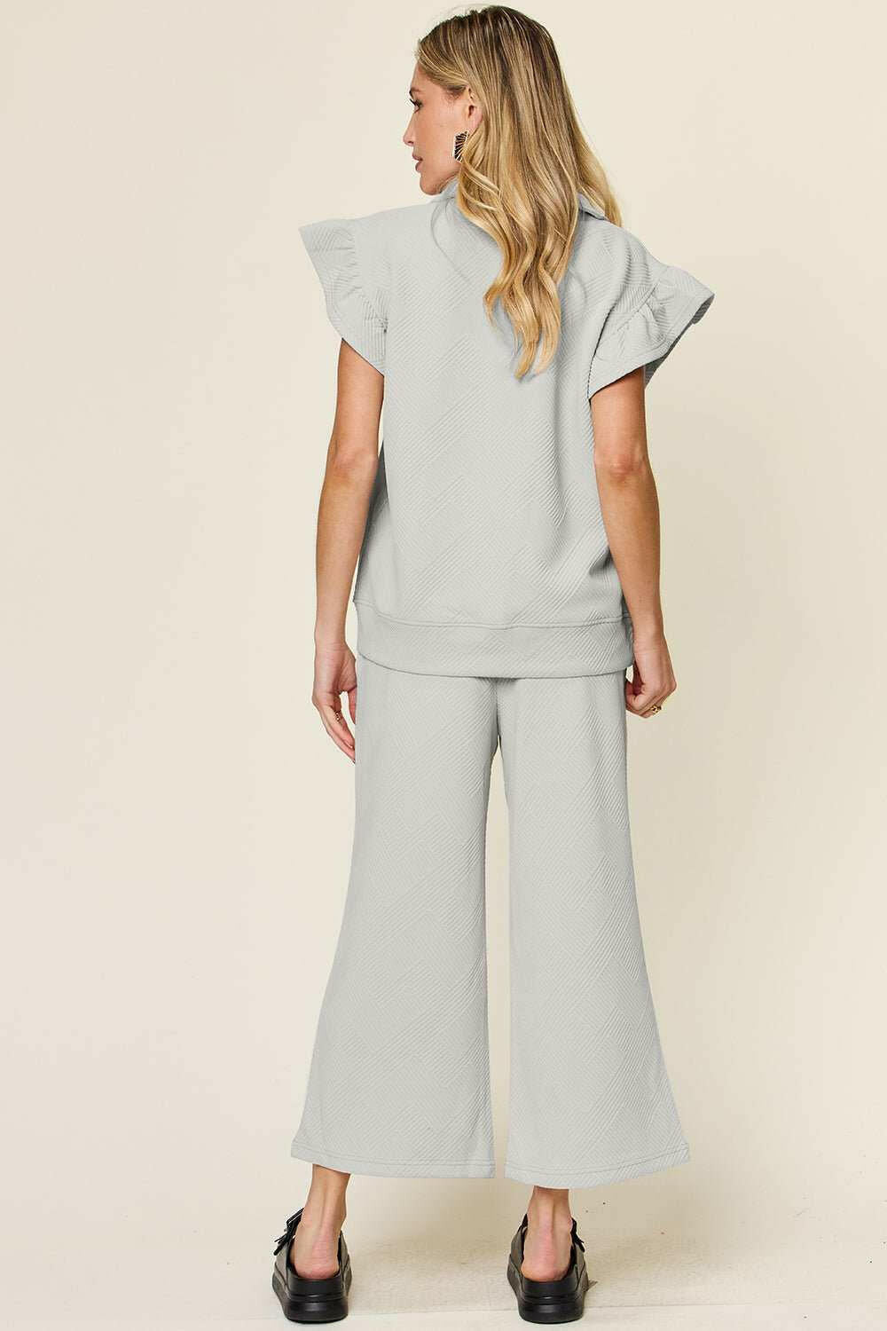 Double Take Textured Ruffle Sleeve Top and Pants Set - Full Size - The Rogue Daisy