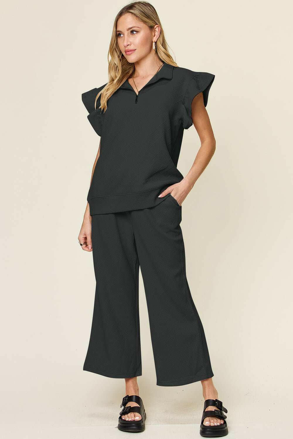 Double Take Textured Ruffle Sleeve Top and Pants Set - Full Size - The Rogue Daisy