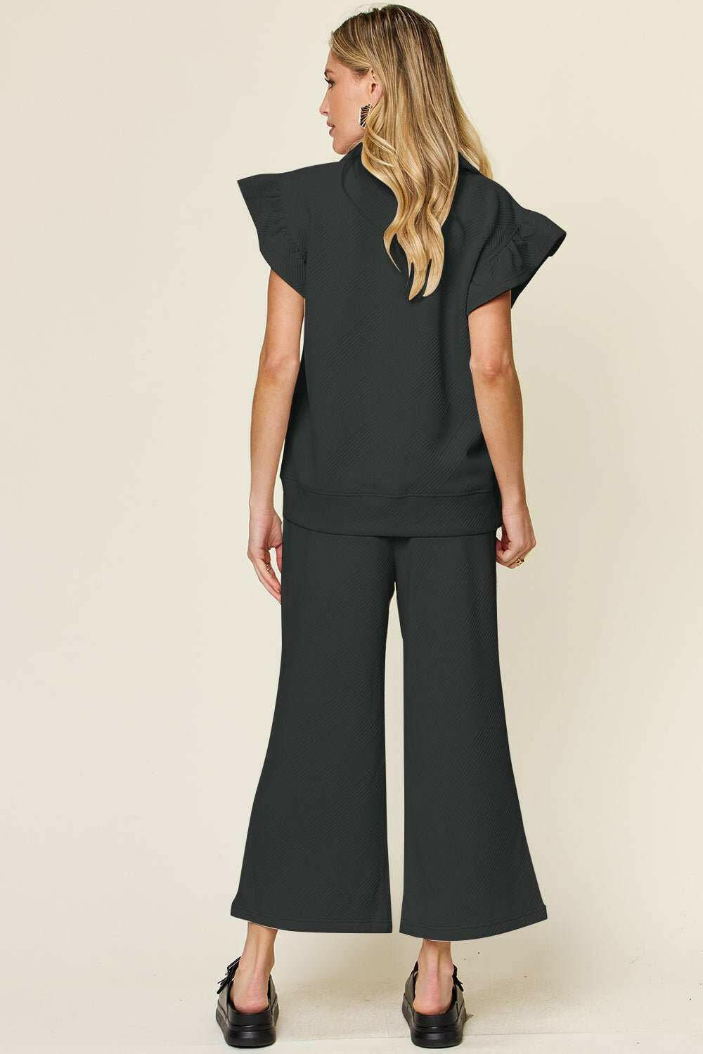 Double Take Textured Ruffle Sleeve Top and Pants Set - Full Size - The Rogue Daisy