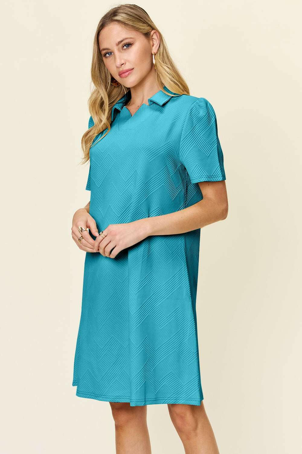 Double Take Textured Short Sleeve Shirt Dress - Full Size - The Rogue Daisy