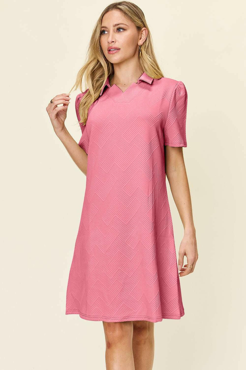 Double Take Textured Short Sleeve Shirt Dress - Full Size - The Rogue Daisy