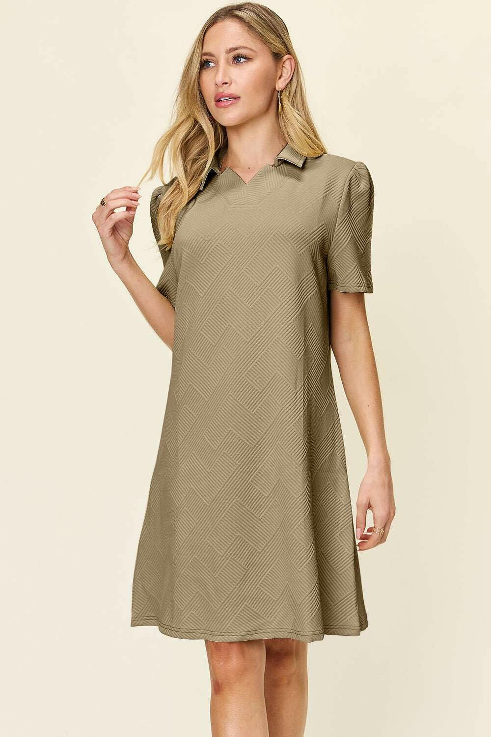 Double Take Textured Short Sleeve Shirt Dress - Full Size - The Rogue Daisy