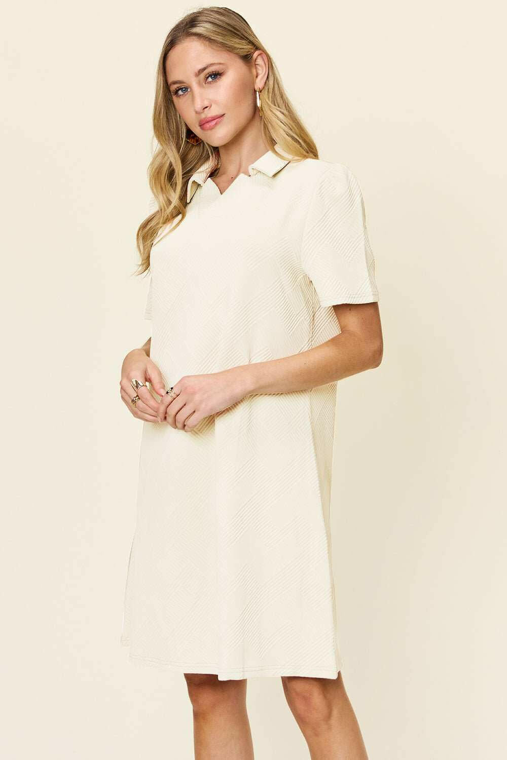 Double Take Textured Short Sleeve Shirt Dress - Full Size - The Rogue Daisy