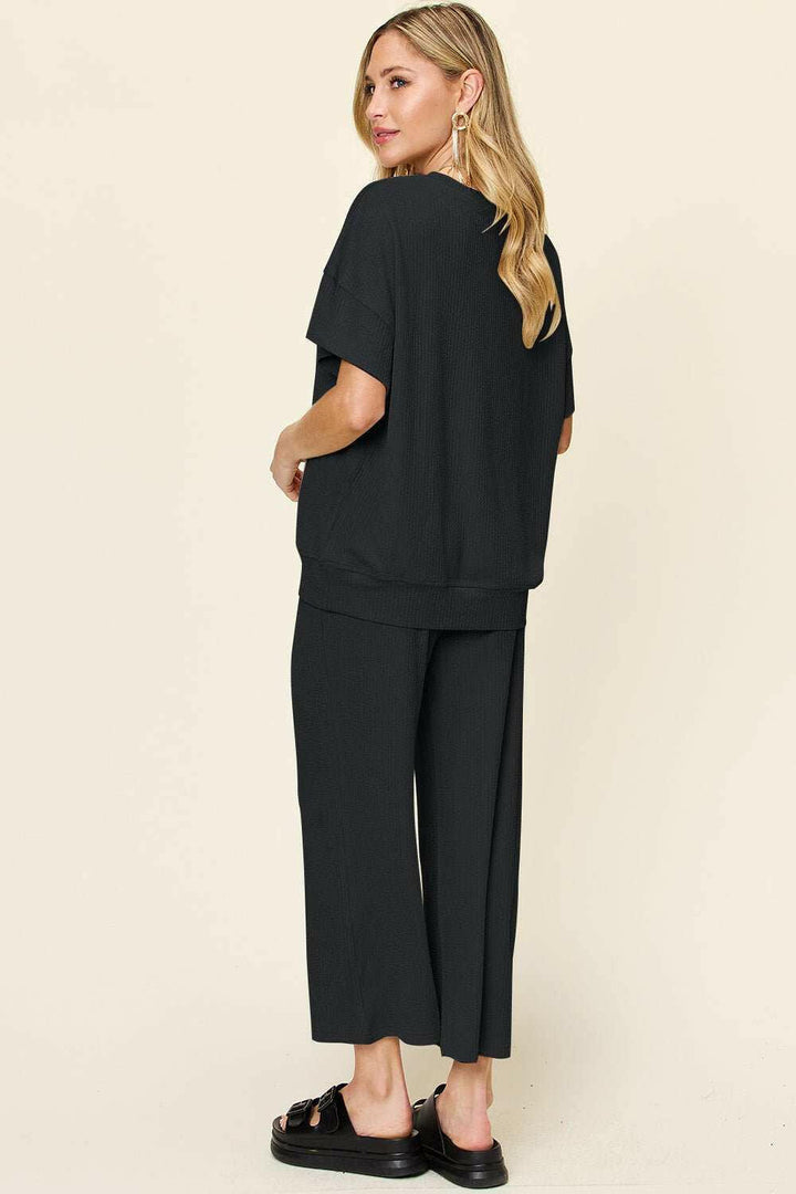 Textured Short Sleeve Shirt and Pants Set - Full Size - The Rogue Daisy