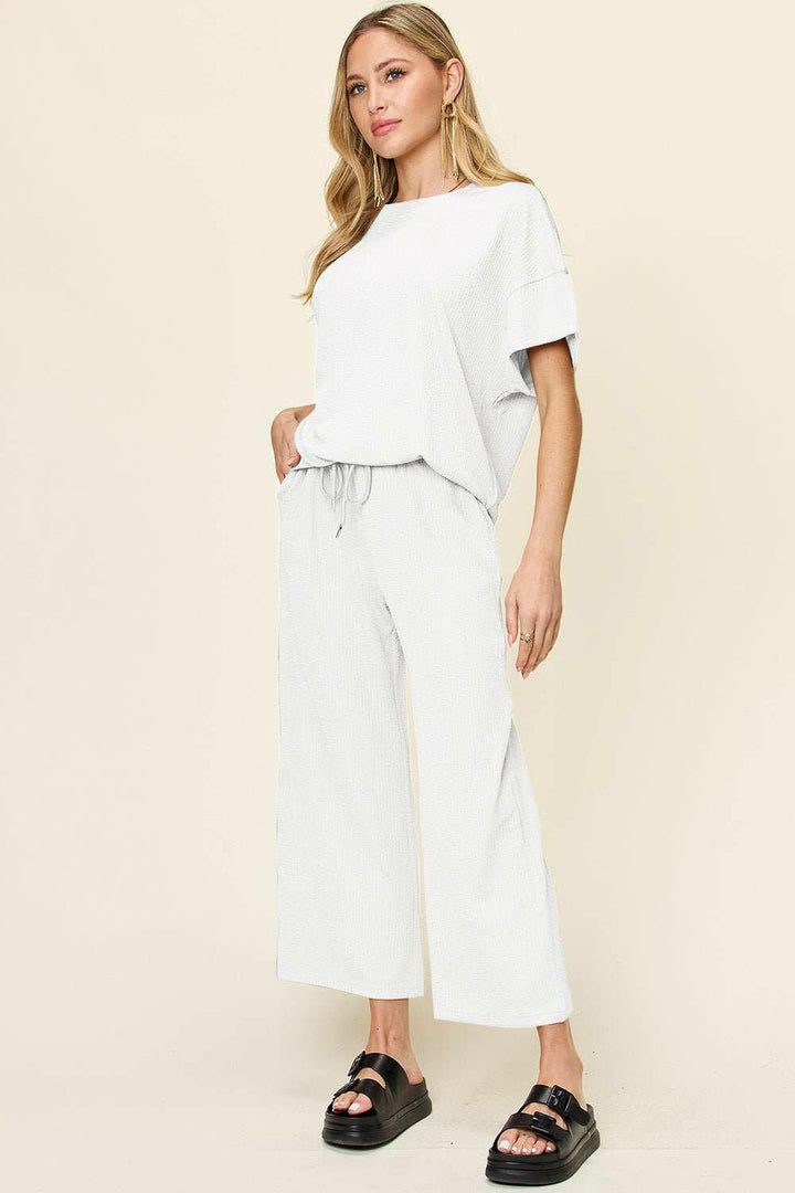 Textured Short Sleeve Shirt and Pants Set - Full Size - The Rogue Daisy