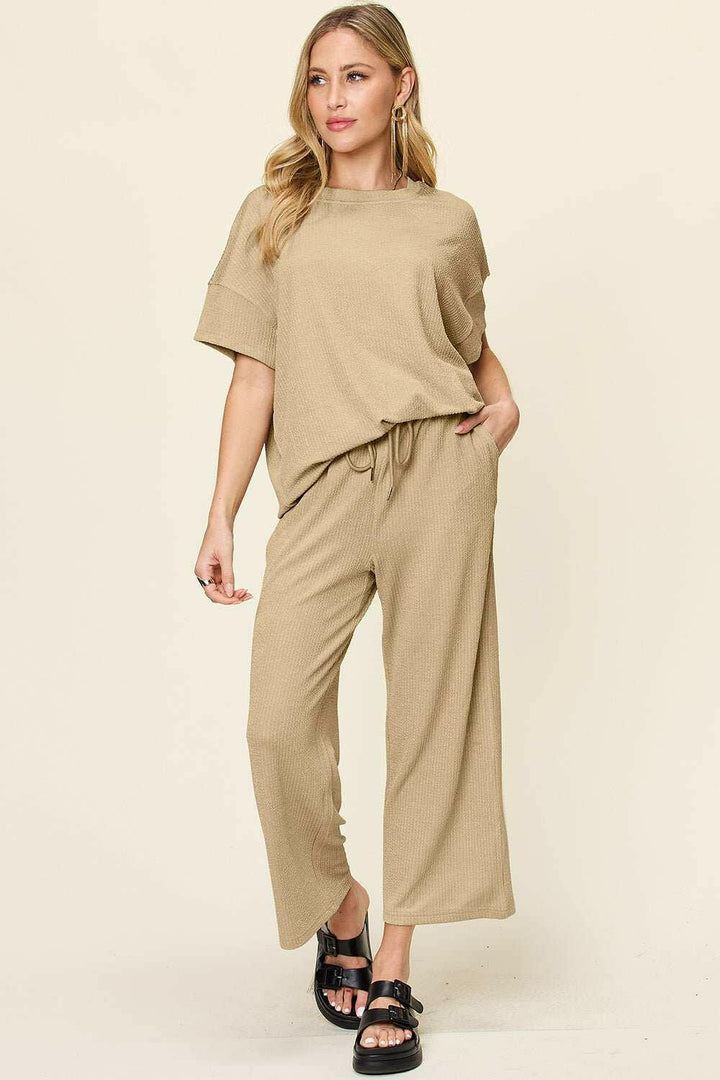 Textured Short Sleeve Shirt and Pants Set - Full Size - The Rogue Daisy