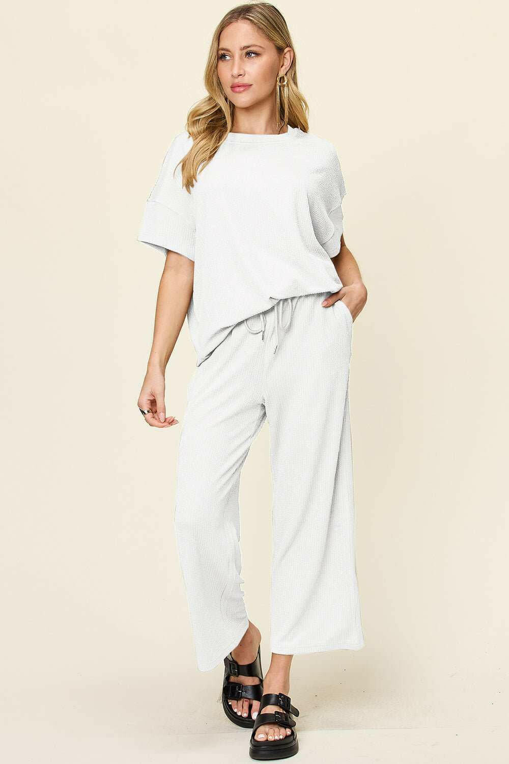 Textured Short Sleeve Shirt and Pants Set - Full Size - The Rogue Daisy