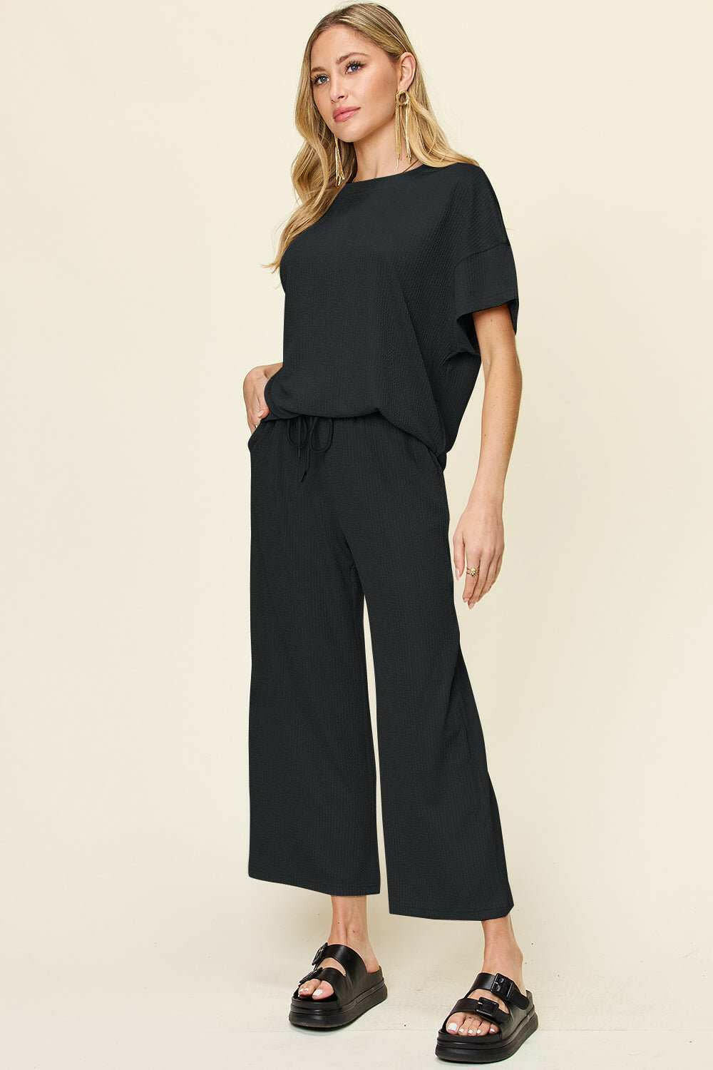 Textured Short Sleeve Shirt and Pants Set - Full Size - The Rogue Daisy