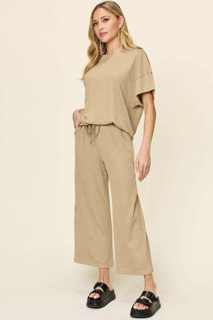 Textured Short Sleeve Shirt and Pants Set - Full Size - The Rogue Daisy