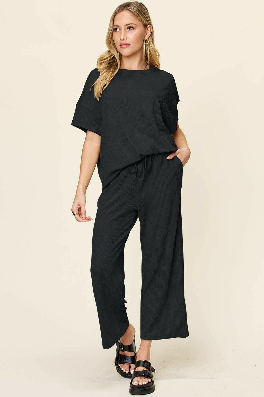 Textured Short Sleeve Shirt and Pants Set - Full Size - The Rogue Daisy