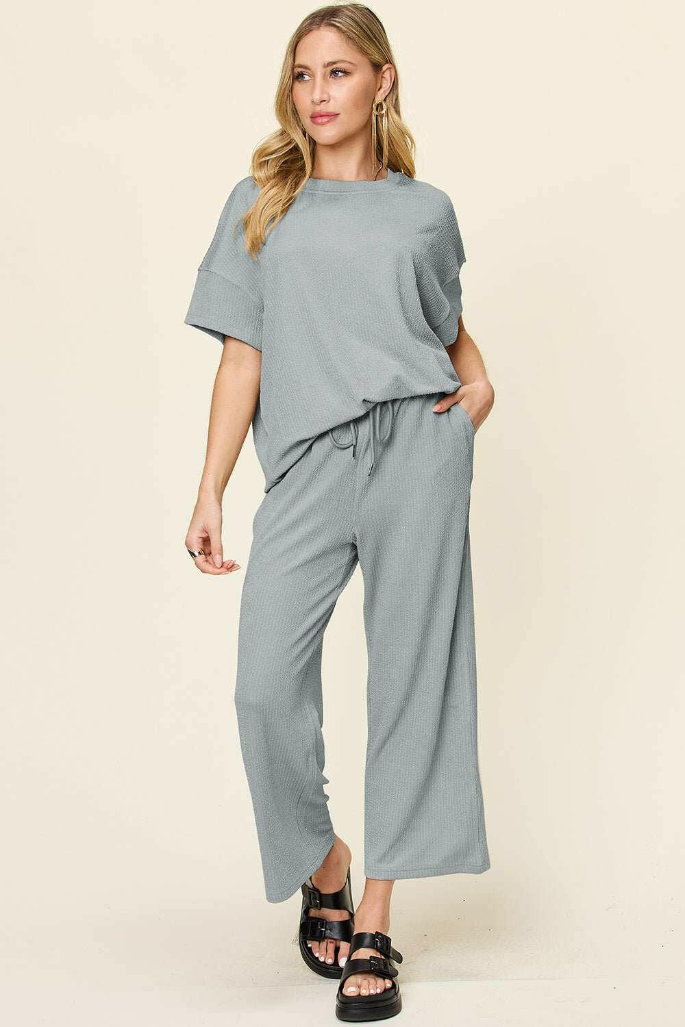 Textured Short Sleeve Shirt and Pants Set - Full Size - The Rogue Daisy