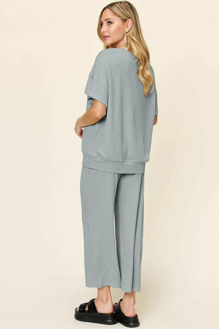 Textured Short Sleeve Shirt and Pants Set - Full Size - The Rogue Daisy