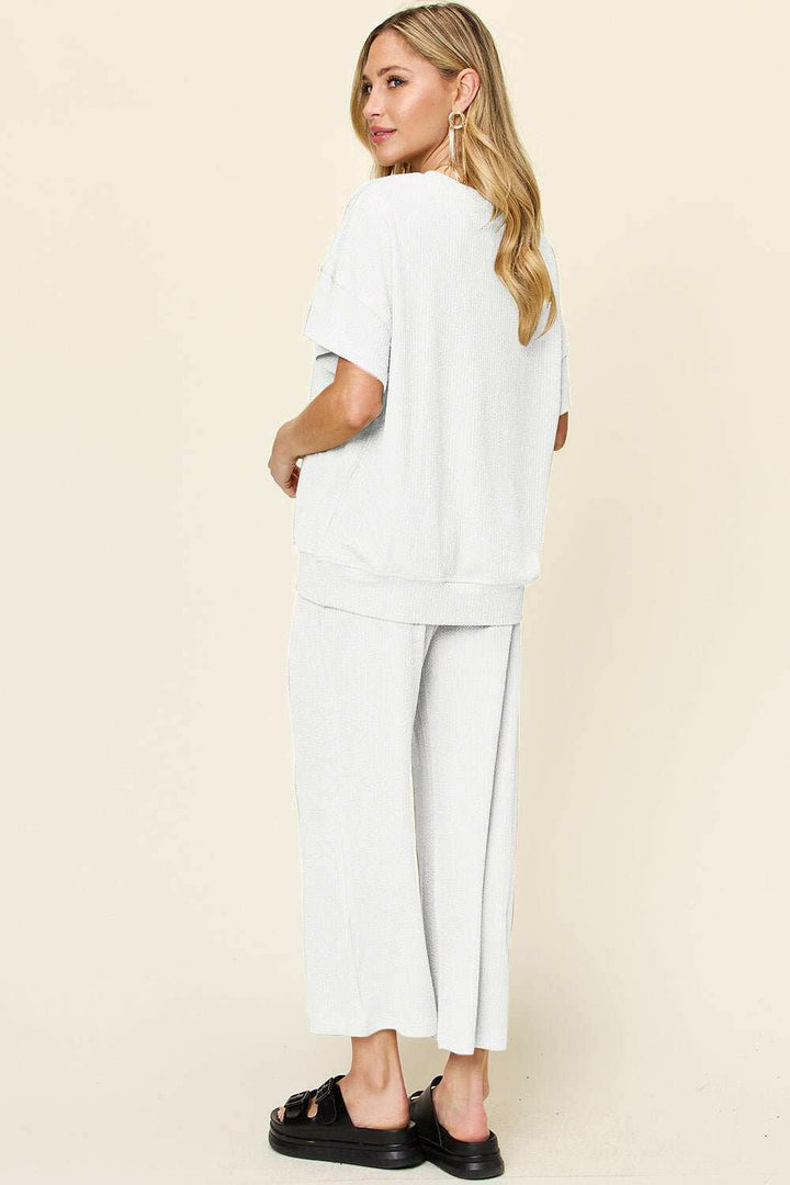 Textured Short Sleeve Shirt and Pants Set - Full Size - The Rogue Daisy