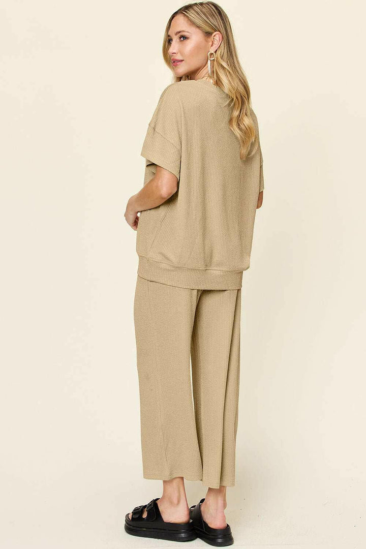 Textured Short Sleeve Shirt and Pants Set - Full Size - The Rogue Daisy