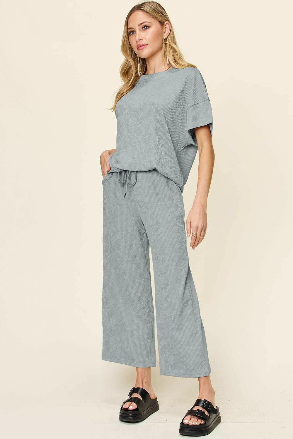 Textured Short Sleeve Shirt and Pants Set - Full Size - The Rogue Daisy