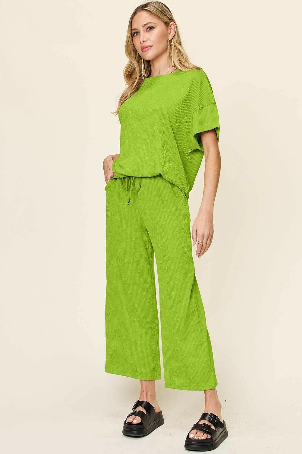 Textured Short Sleeve Shirt and Pants Set - Full Size - The Rogue Daisy