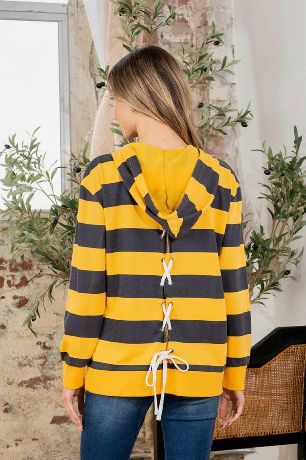 Drawstring Striped Long Sleeve Hoodie - Full Size - The Rogue Daisy