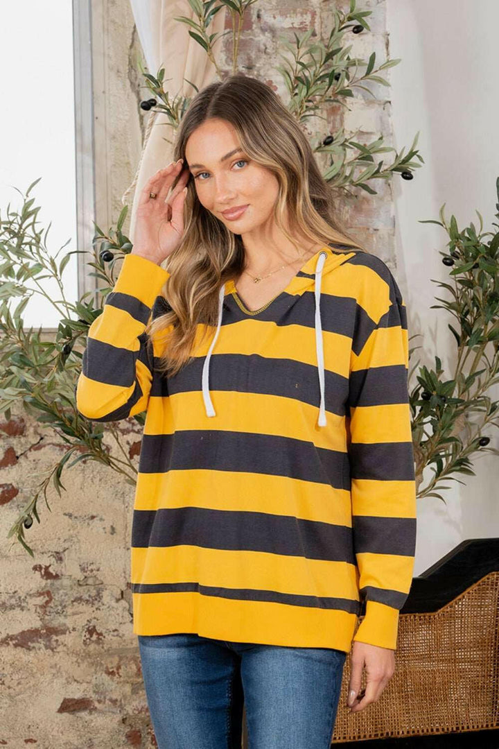 Drawstring Striped Long Sleeve Hoodie - Full Size - The Rogue Daisy