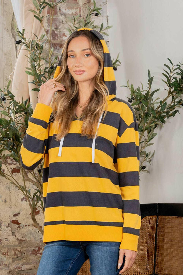 Drawstring Striped Long Sleeve Hoodie - Full Size - The Rogue Daisy